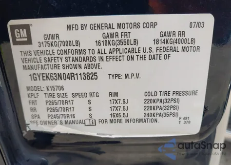 2004 Cadillac Escalade Standard из США, поврежденный, VIN 1GYEK63N04R113825